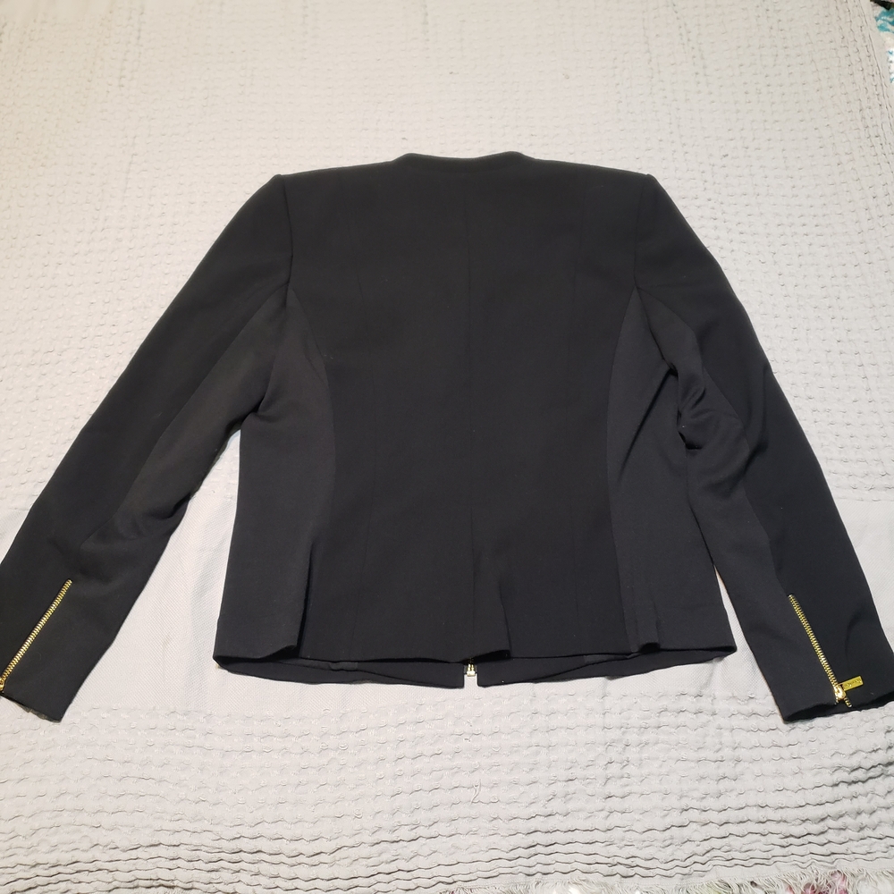Calvin Klein Black Collarless Zip-Front Blazer Jacket with Gold Hardware Size 10 - Picture 10 of 12